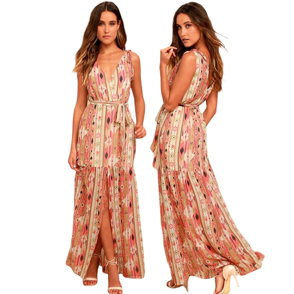 Lulus Mystical Moment Coral Pink Print Maxi Dress L